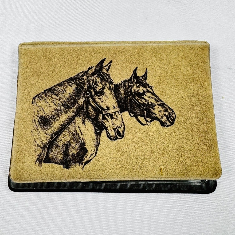 Vintage Horses Mini Photo Album Business Card ID Holder Tan Suede Look USA RARE